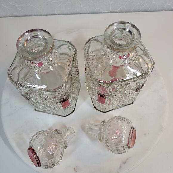 Vintage Decanters Crystal Cranberry Liquor Heavy Cut Glass Whiskey Set of 2 - Picture 6 of 16